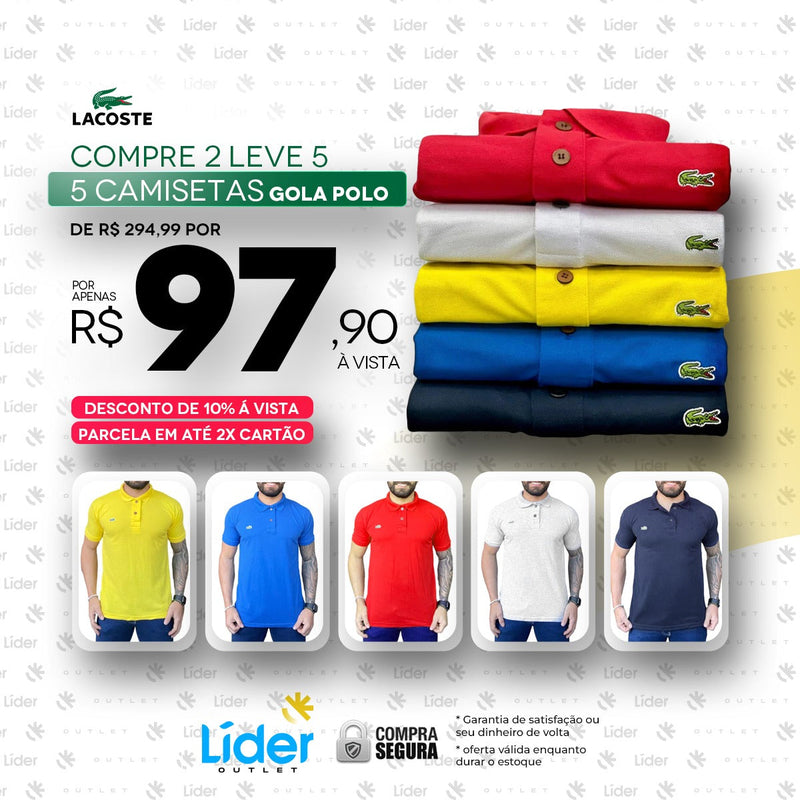 Promocional Kit com 05 Camisa Gola Polo Lacoste Regular Fit 100% Algodão