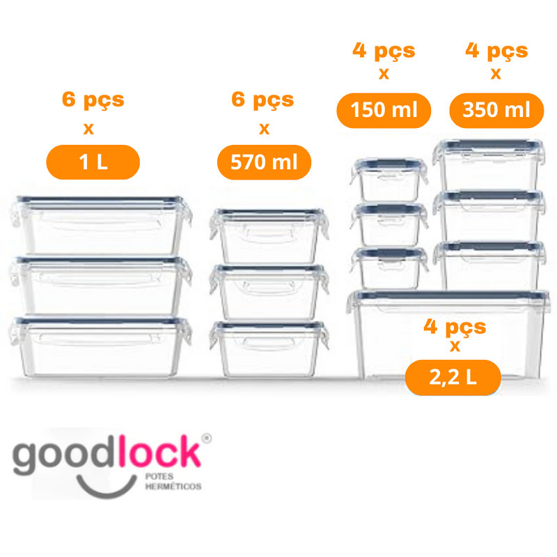 Goodlock - Kit 24 Potes Herméticos de Vidro  + (Brindes Exclusivos)