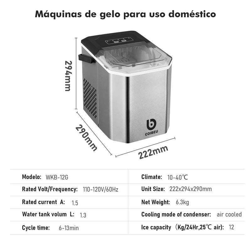 Smart Ice - Máquina de Gelo Portátil EUHOMY 12kg - Compacta, Silenciosa e Rápida