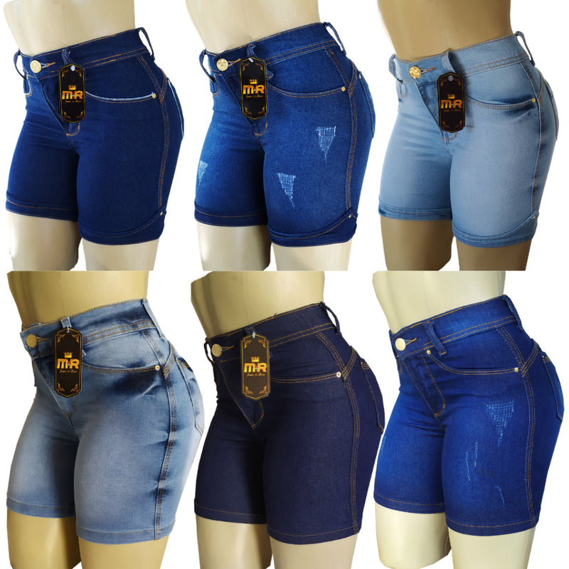 Kit 5 Bermudas Meia Coxa Jeans Feminina Lycra Empina Bumbum Cintura Alta