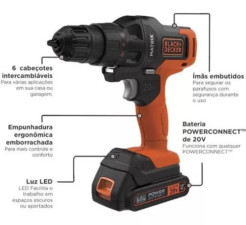 Black Decker Jogo de Ferramentas sem Fio 20V com 6 Cabeçotes Combinados - MTX20K6A-BR