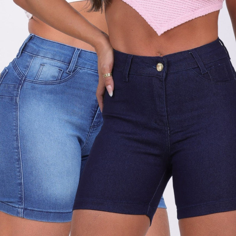 Kit 5 Bermudas Meia Coxa Jeans Feminina Lycra Empina Bumbum Cintura Alta