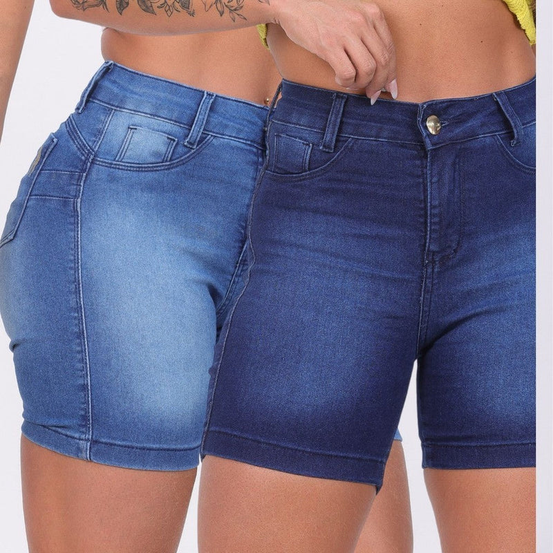 Kit 5 Bermudas Meia Coxa Jeans Feminina Lycra Empina Bumbum Cintura Alta